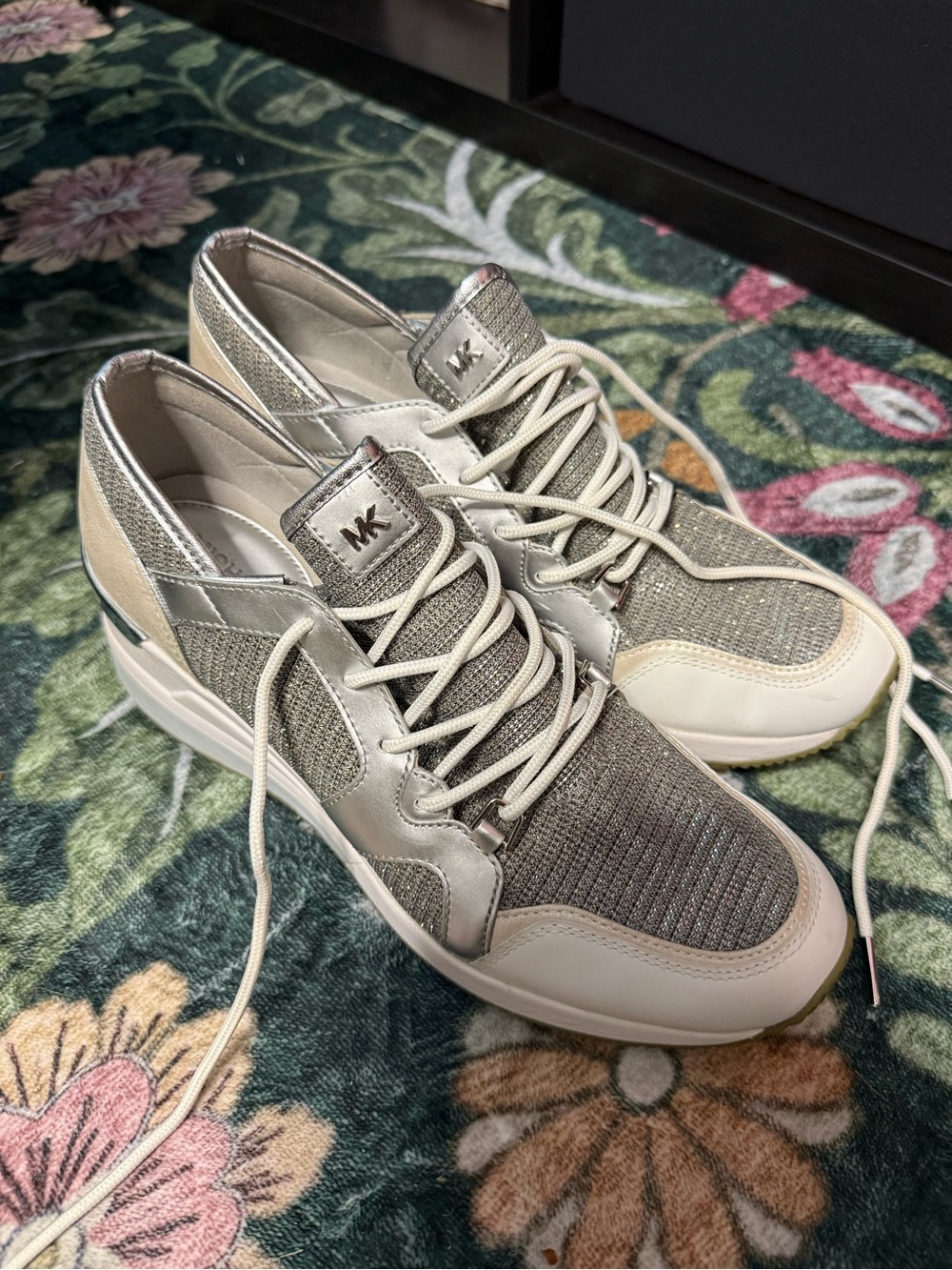 Michael Kors Women’s Metallic Silver & Cream Knit Sneakers